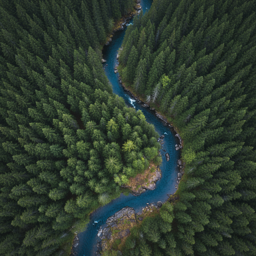 A photographic realism close-up of a dense, dark green coniferous forest canopy seen from above, captured like an aerial survey image. The tightly packed treetops form a rich, textured pattern of needles and branches, with occasional patches of lighter green young growth. A narrow, winding river of deep sapphire blue cuts through the forest, its edges lined with damp, moss-covered rocks. Soft, diffused overcast light eliminates harsh shadows, emphasizing detail in the foliage and water. Shot from a true bird’s-eye perspective with sharp focus throughout, the composition communicates natural carbon sinks, resilience, and the quiet complexity of ecosystems in a calm yet serious mood, suitable for professional climate analysis.