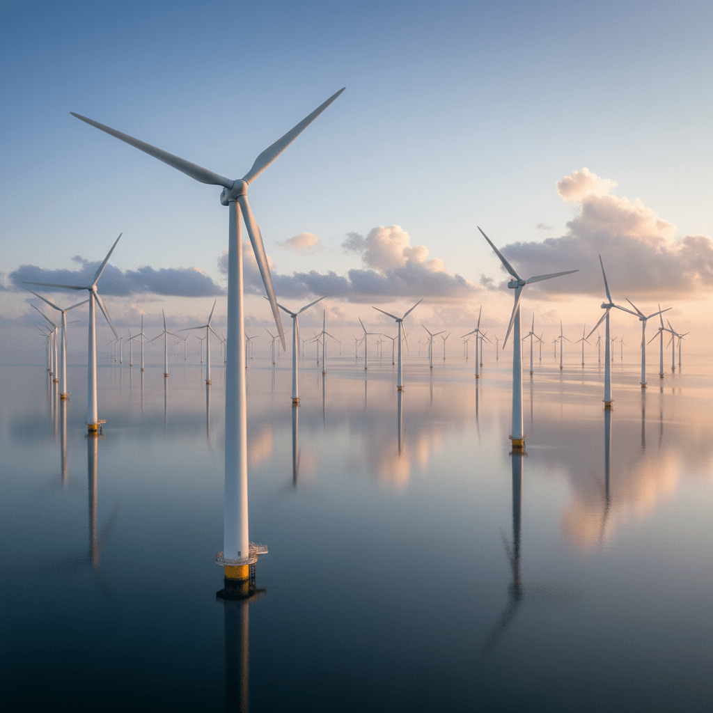 A pristine offshore wind farm at dawn, photographed in crisp, realistic detail. Tall white wind turbines with subtle weathering marks rise from a calm, reflective sea, their blades frozen mid-rotation. The horizon glows with cool blue and soft orange tones as early morning light breaks through a thin layer of clouds, casting delicate highlights on the turbine towers and creating long, diffused reflections on the water. The camera is positioned at a slightly elevated angle, capturing a wide expanse of turbines fading into atmospheric haze. The mood is hopeful and forward-looking, with a clean, modern, corporate aesthetic that underscores the energy transition and large-scale climate solutions.