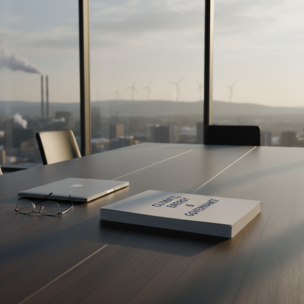 A detailed, realistic photograph of a modern corporate boardroom table made of dark, matte-finished wood, entirely free of people. On the table lies a large printed report titled “Climate, Energy & Governance” in understated navy typography on a white cover, next to a sleek, closed laptop and a pair of thin-rimmed reading glasses. Through a floor-to-ceiling window, a hazy industrial skyline with smokestacks and distant wind turbines is visible, blurred into soft focus. Late afternoon natural light pours in, casting elongated, low-contrast shadows across the tabletop. Shot from a slightly elevated angle using asymmetrical framing, the mood is serious and contemplative, evoking the intersection of climate risk, corporate decision-making, and responsible governance in a clean, professional style.